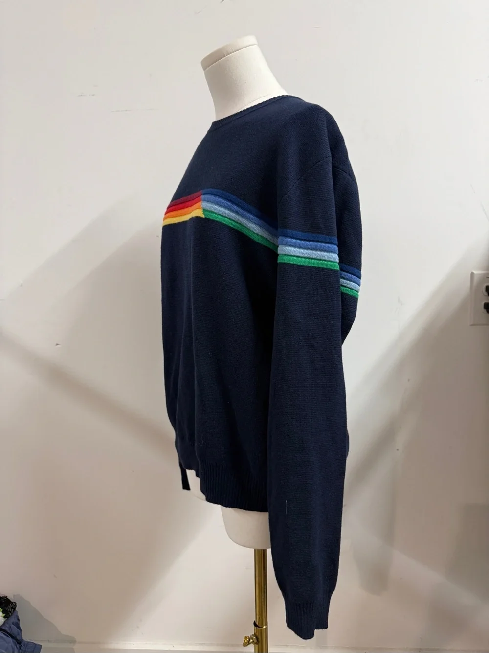 Marine Layer Navy Crewneck Sweater with Rainbow Chest Stripe